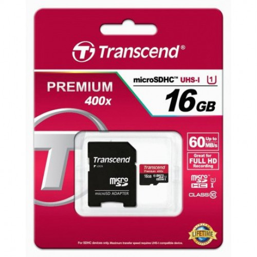 Купить Карта памяти Transcend MicroSDHC UHS-I 16 GB Class 10 + SD-adapter (TS16GUSDU1)