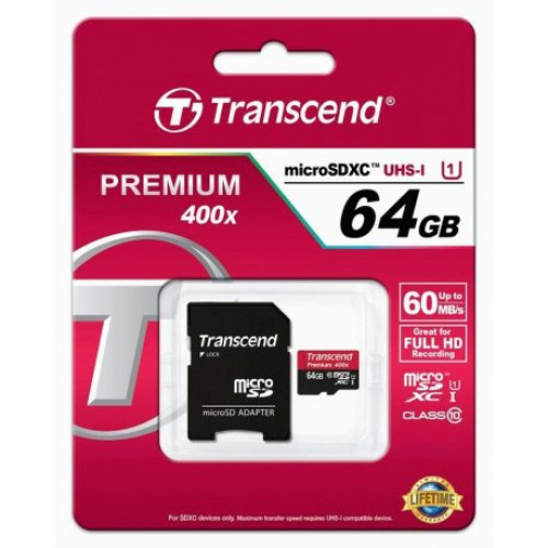 Купить Карта памяти Transcend microSDXC 64GB Class 10 UHS-I Premium + SD-adapter (TS64GUSDU1)