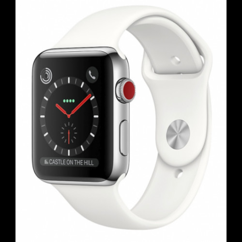 Купить Apple Watch Series 3 38mm (GPS+LTE) Stainless Steel Case with Soft White Sport Band (MQJV2)