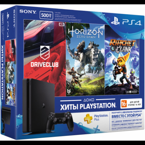 Купить Sony PlayStation 4 Slim 500GB (CUH-2108A) + Horizon Zero Dawn + Ratchet & Clank + Driveclub + PSPlus 3 месяца