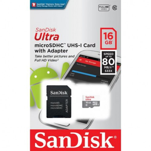 Купить Карта памяти SanDisk Ultra microSDHC UHS-I 16GB Class 10 + SD-adapter (SDSQUNS-016G-GN3MA)