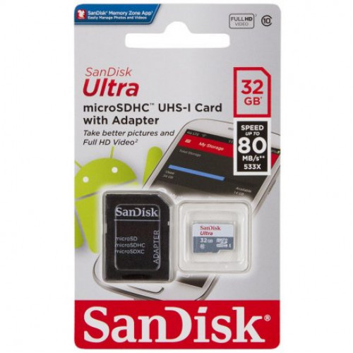Купить Карта памяти SanDisk Ultra microSDHC UHS-I 32GB + SD-adapter (SDSQUNS-032G-GN3MA)